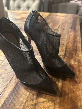 Christian Louboutin Black Mesh Pointed Booties with Red Soles
